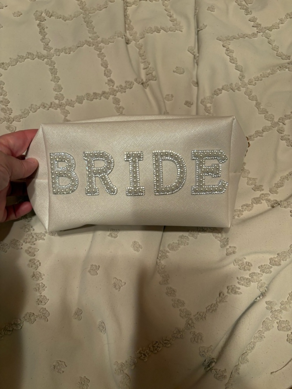 Bridal 'BRIDE' Pearl-Embellished Cosmetic Bag - Ivory